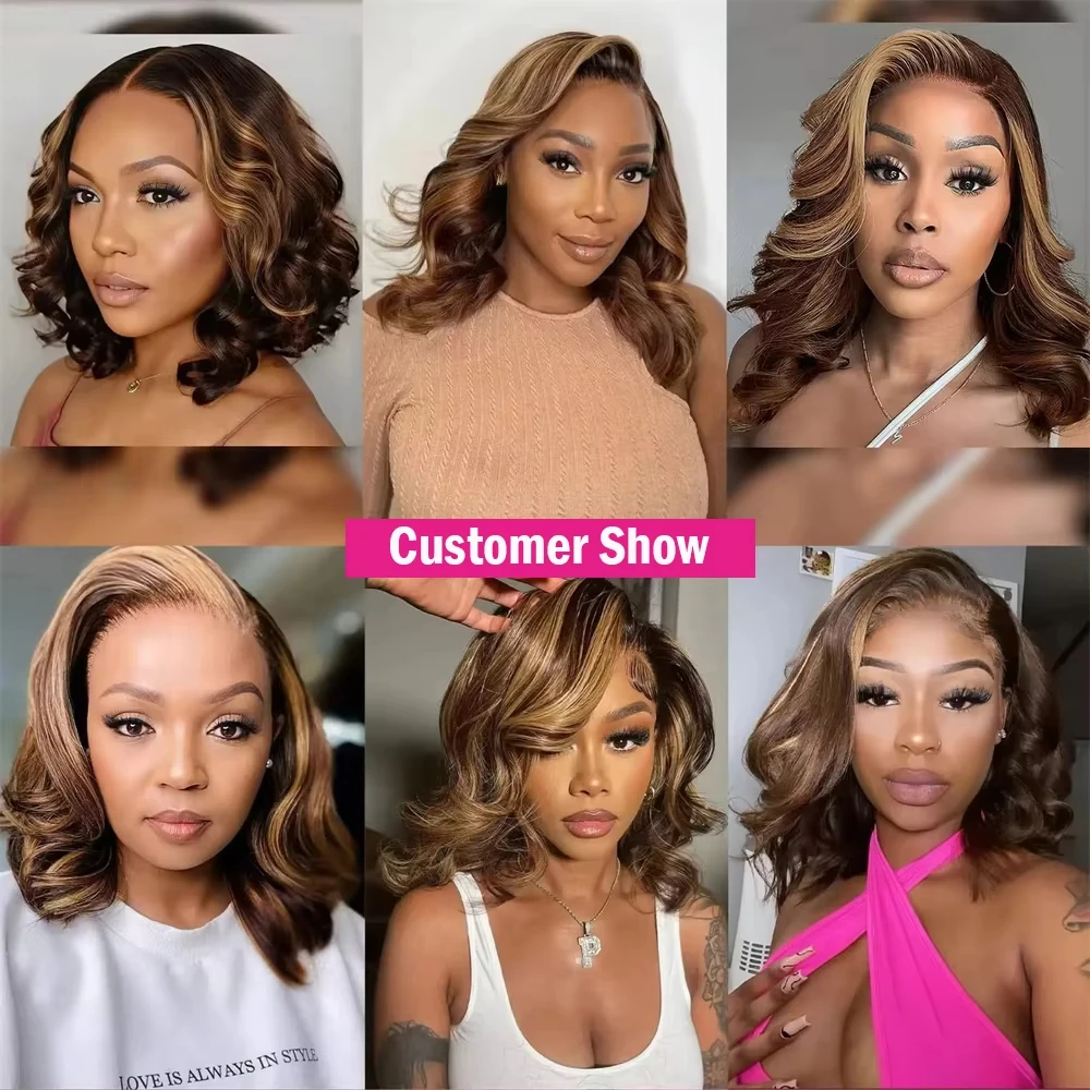 Umi 13x4 #4/27 Highlight Body Wave Lace Frontal Human Hair Wigs 230 Density Pre Plucked Brown Blonde Ombre Short BOB Wigs
