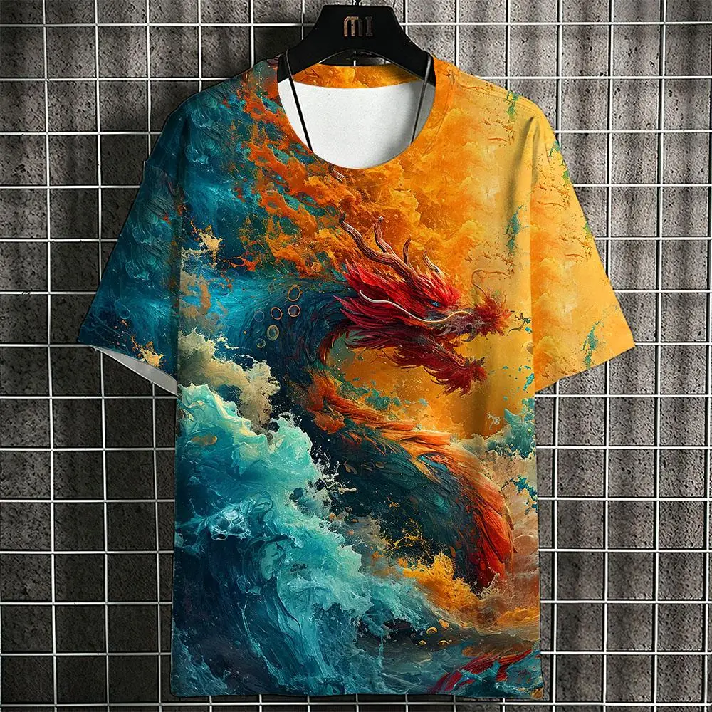 Summer Handsome T -Shirt For Men Chinese Dragon 3d Print Harajuku Clothing Casual Short Sleeve Tops Oversized Men's T Shirt