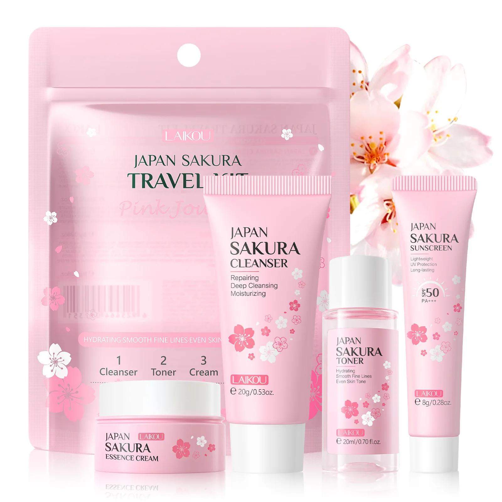 LAIKOU Sakura Skin Care Sets Facial Cleanser Face Cream Sunscreen Toner Moisturizing Brightening Firming Hydrating Face Care Kit