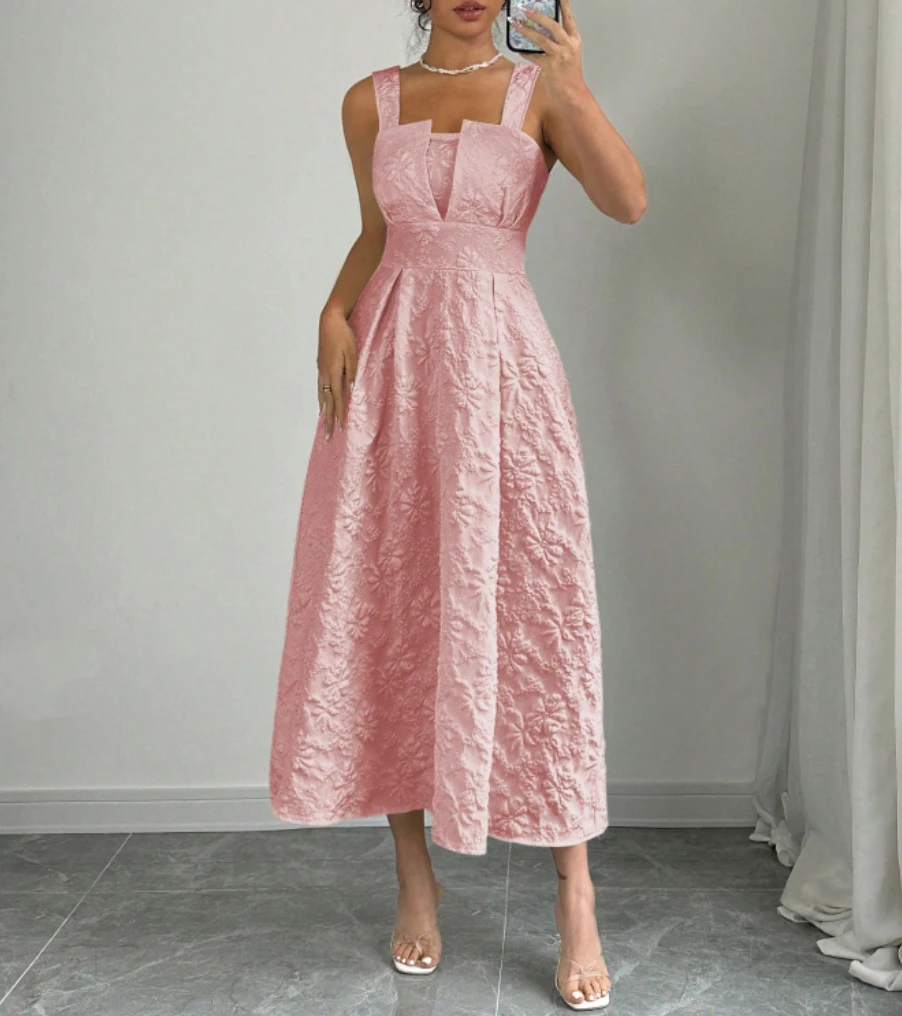 Women's Blush Pink Square Neck Cutout Wide Strap Jacquard Fit & Flare Midi Dress Spring Summer Elegant Sweet Daily Party Dress