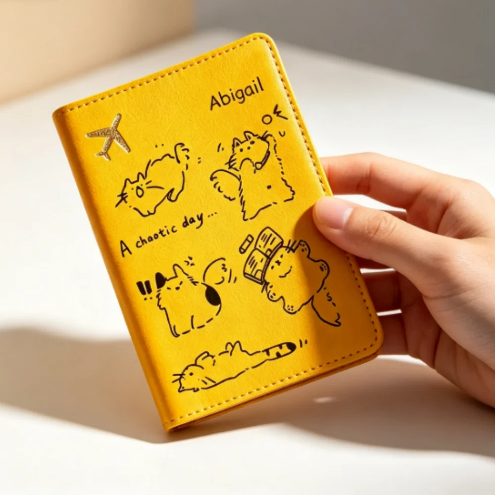Porte-passeport personnalisé avec nom, design mignon de chat de dessin animé, protège-documents imprimé multifonctionnel