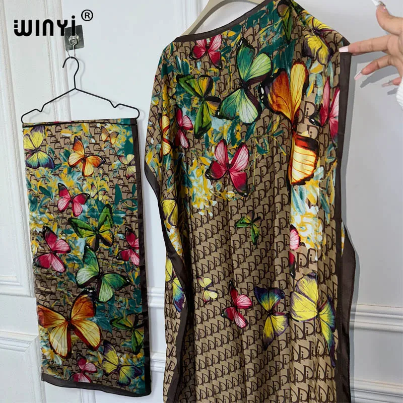 WINYI boho print Fashion Oversize african dresses for woman Dashiki abaya muslim woman dubai Free Size Design With Scarf Loose