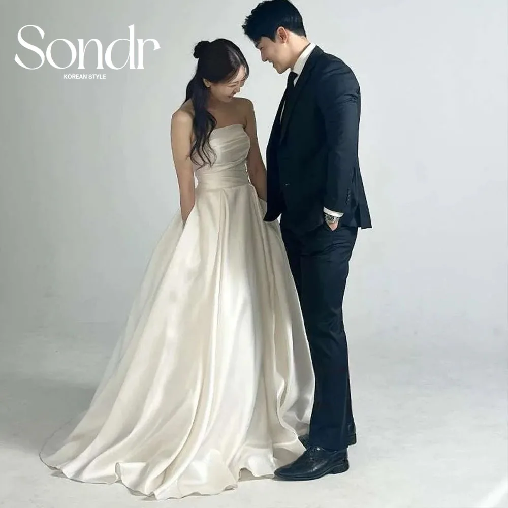 Sondr 2025 Simple A Line Korean Wedding Dresses Photo shoot Strapless Soft Satin Pleats Sweep Train Bridal Gowns Corset Back