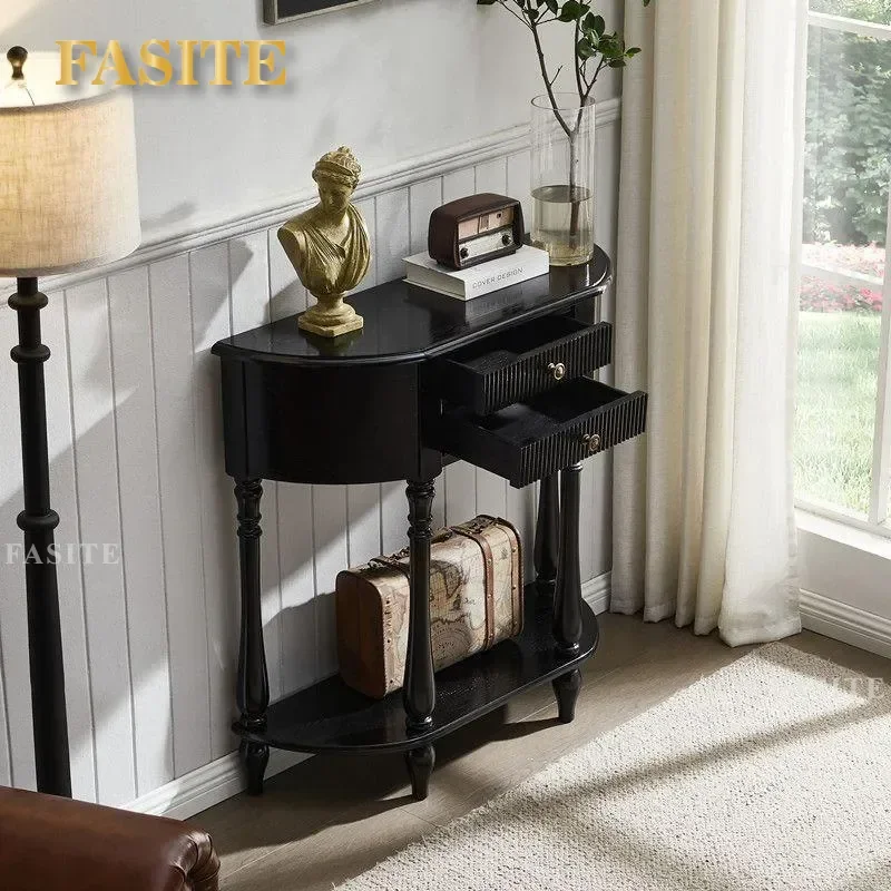 For American Solid Wood Semicircular Entrance Table Retro Foyer Console Cabinet Hallway Aisle Storage Against Wall Living