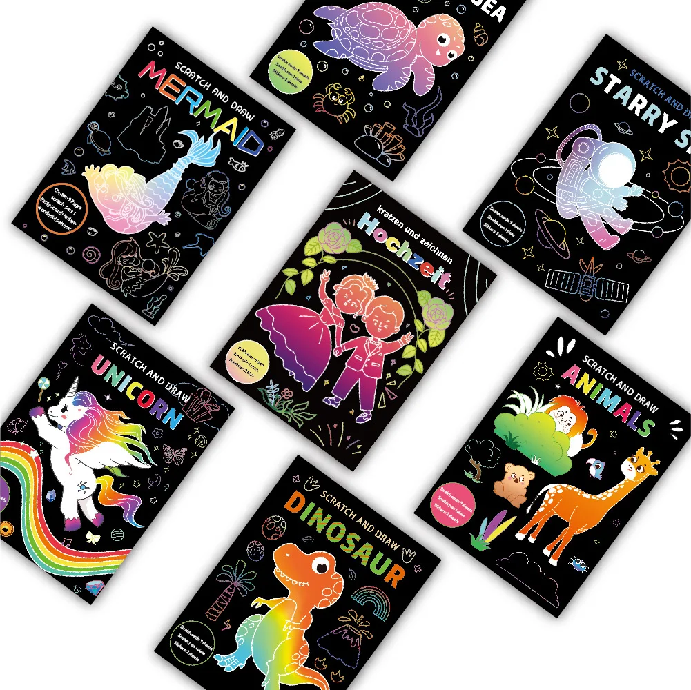 New Children Scratch Painting Handmade DIY Creative Graffiti Unicorn Mermaid Theme Colouring Scratch Painting Birthday Gift
