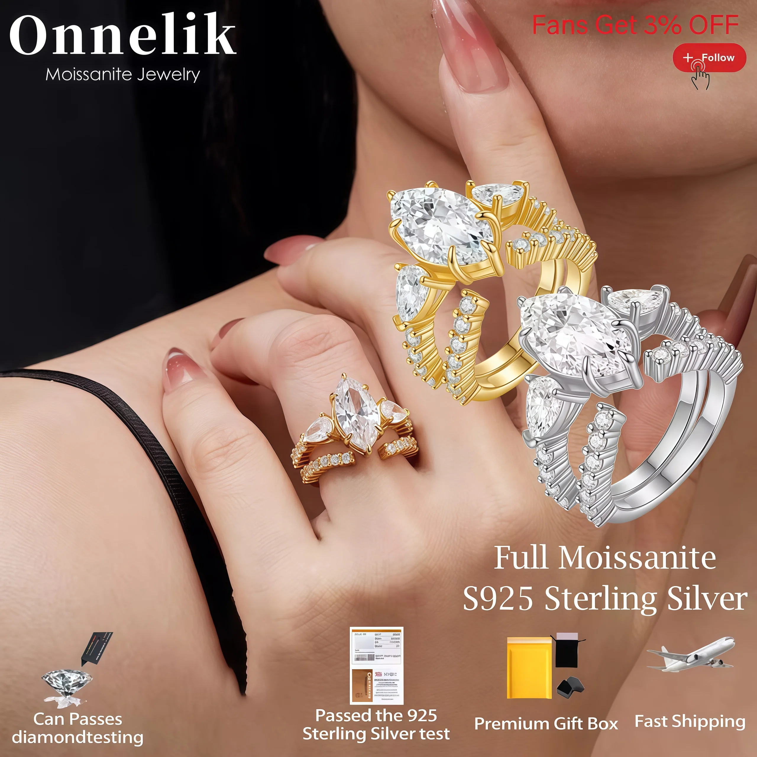 

Onnelik 100% 925 Sterling Silver 3CT D Color VVS1 Marquise Moissanite Diamond nRing for Woman Wedding Engagement Fine Jewelry