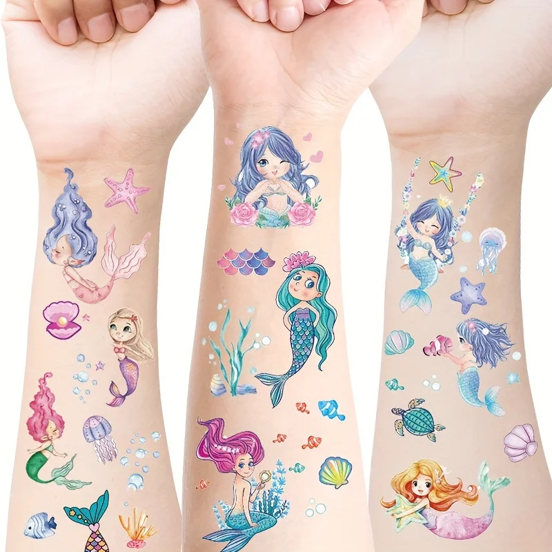 12 sheets Glitter Mermaid Tattoo Stickers,Cartoon Temporary Tattoo for Kids,Birthday Party Favors,Ocean Mermaid Party Decor