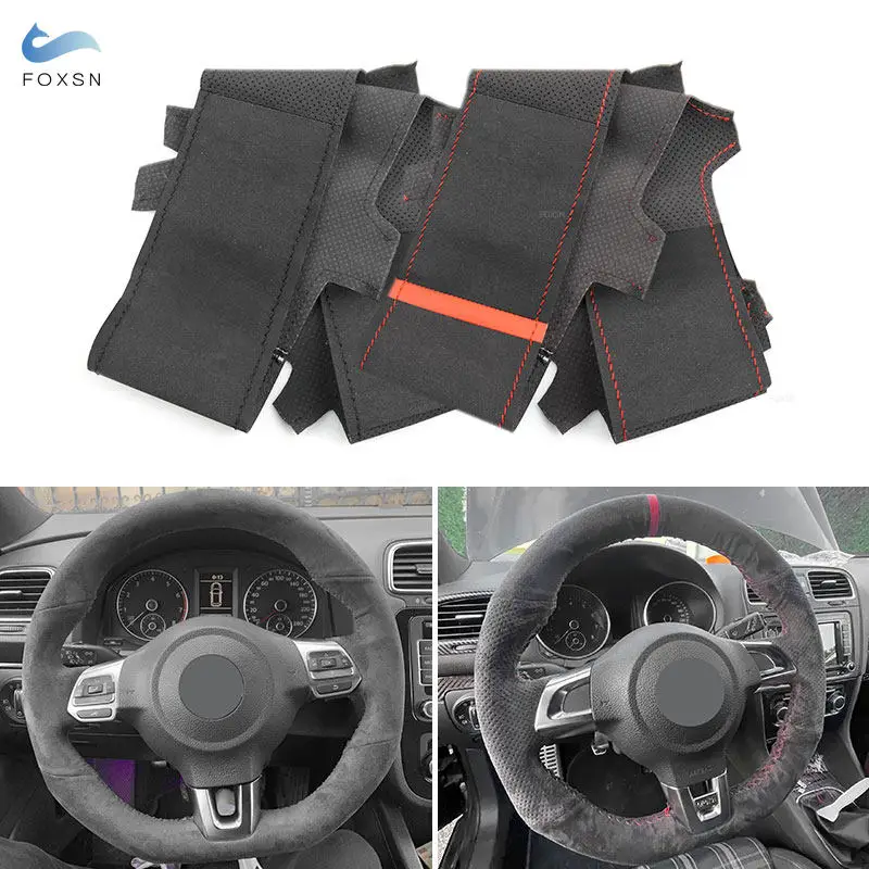 Hand-stitched Suede Leather Car Steering Wheel Cover For VW Golf 6 MK6 2009-2014 Polo GTI Scirocco CC Tiguan R-Line 2010-2016