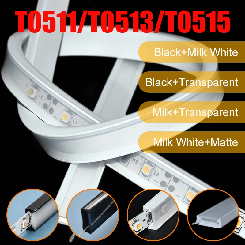 T0511 T0513 T0515 LED Silicone Tube Flexible Protection Cover Black Milky+Transparent Matte For 8/10/12mm WS2812B WS2811 Strip