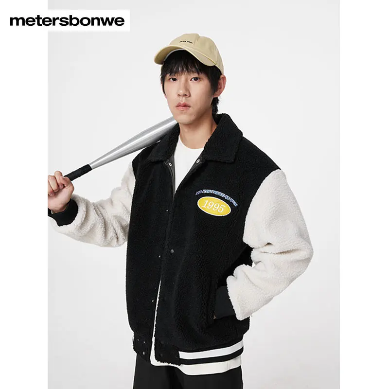 

Metersbonwe-Men Lapel Collar Artificial Lamb Down Coat Exquisite Embroidery Color Clash Jacket Comfort Soft Warm Autumn Winter