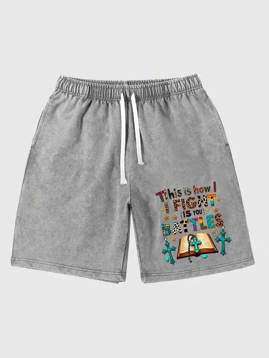 

Mens Washed Cotton Shorts With Religious Print Casual Loose Fit Summer Shorts