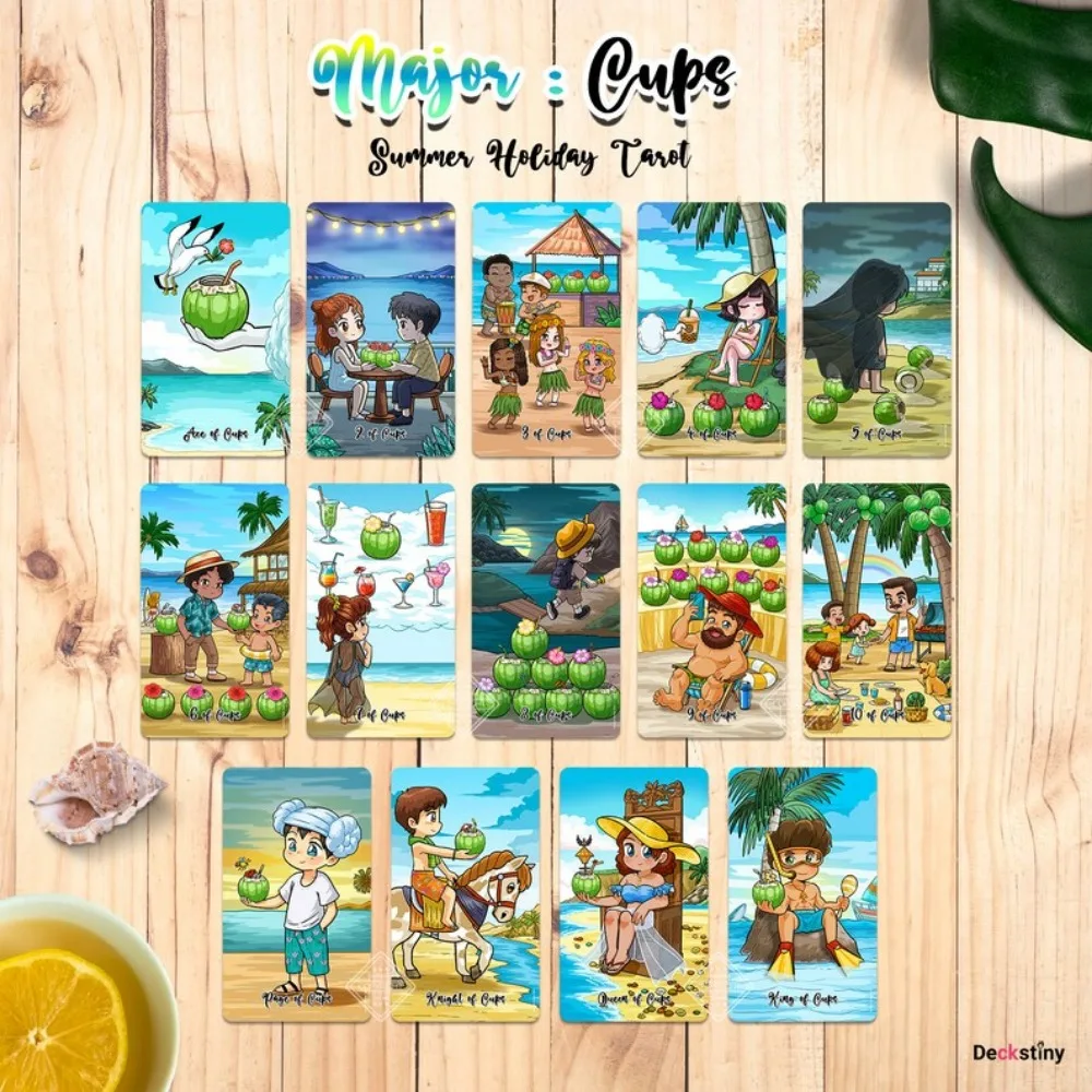 12*7cm 78pcs Summer Holiday Tarot | Unique Indie Tarot Deck for Beginners | Cute Cartoon | Foil Gold Edge