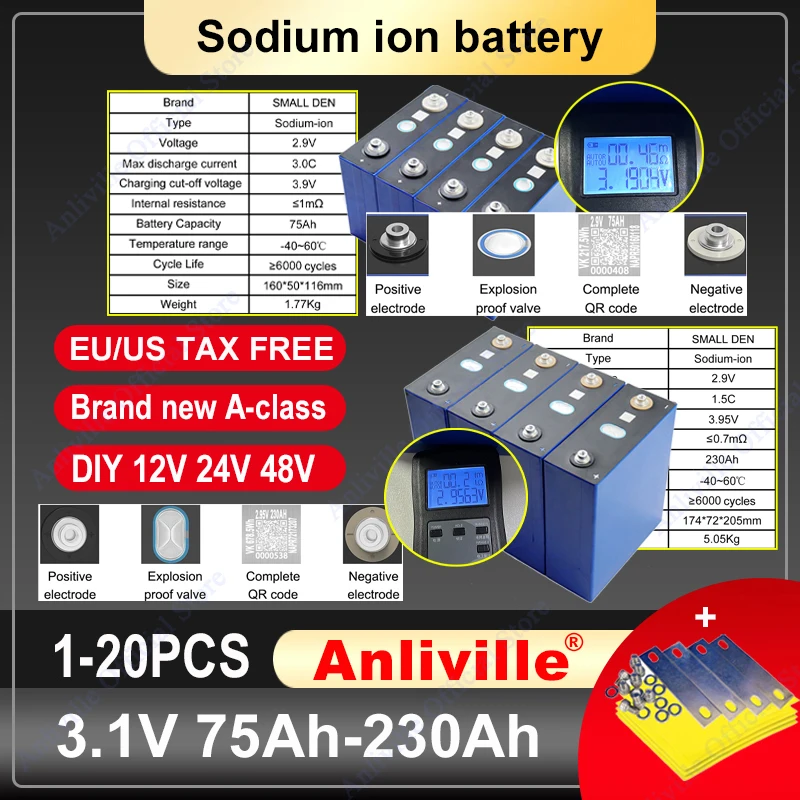3.1 فولت 75-230 أمبير بطارية أيون الصوديوم 1-20 قطعة درجة حرارة منخفضة معدل عالية التفريغ خلايا تخزين الطاقة