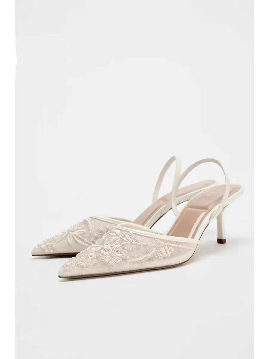

ZAKQ2024 Autumn Winter Embroidered White Net Low Cut High Heel Ladies Mules Faionable Breathable Slip-On Pointed Toe Sandals