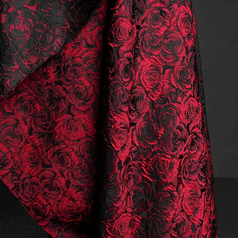 1/2/5m Romantic Embossed Black Dark Red 3D Rose Jacquard Yarn Dyed Vintage Floral Fabric for Women Clothing Suit Bag DIY Sewing