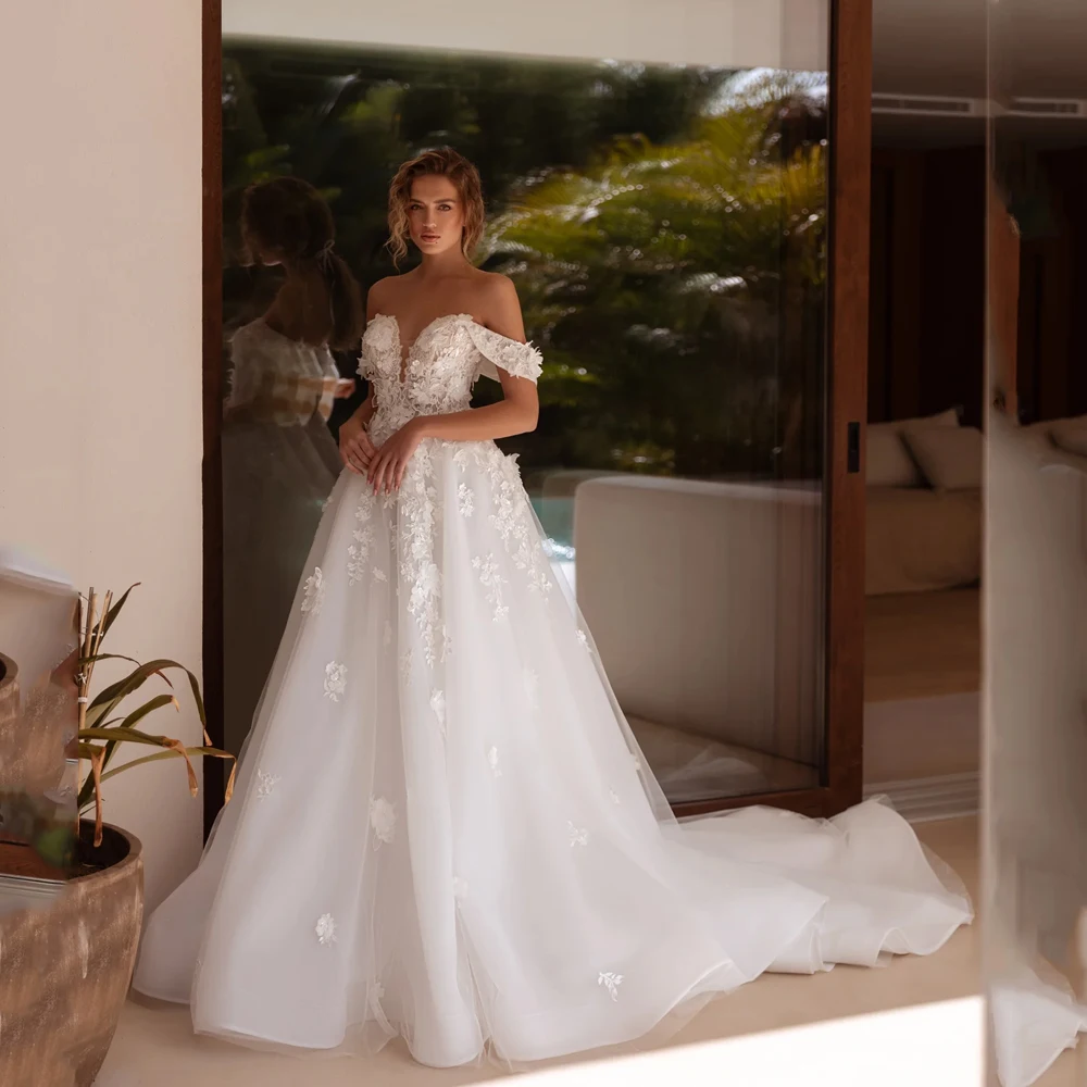 

Flowers Wedding Dress 2025 Women Off Shoulder V-Neck Applique Backless Bride Gowns A-Line Tulle vestidos de novia Customized