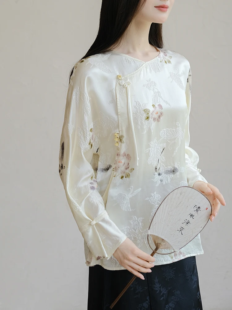 

Новое китайское длинное шелковое кимоно свободного кроя, повседневный топ из натурального шелка с плиссировкой и цветочной вышивкой