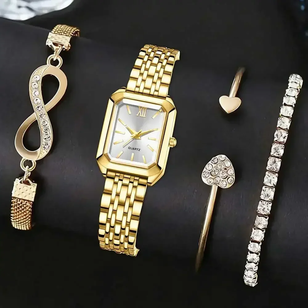 Golden Roman Square Watch Unlimited Bracelet Love Double Opening Bracelet Water Diamond Chain Set for Women