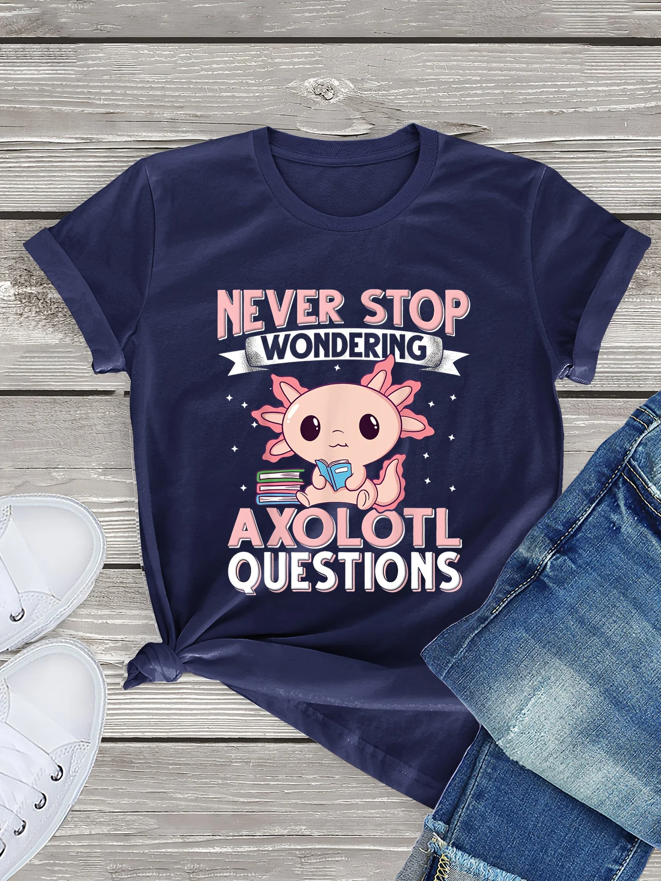 Cartoon Axolotl Print T-Shirt, Short Sleeve Crew Neck Casual Top For Summer & Spring, Women\'s Clothing
