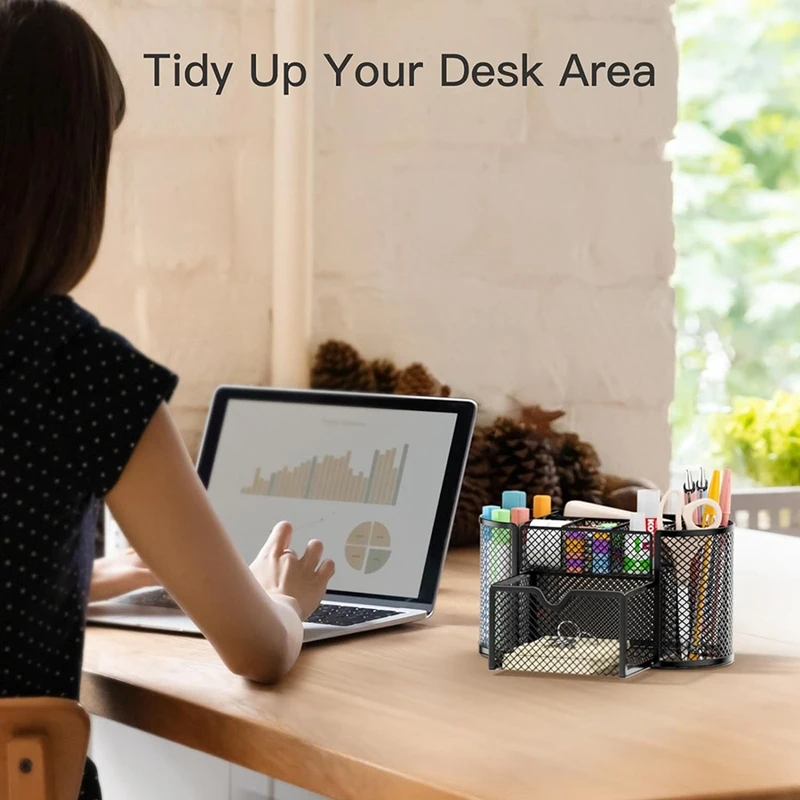 Mesh Desk Organizer com 8 Compartimentos e 1 Gaveta, Material de Escritório, Pen Holder, Papelaria, Escola, Sala de Aula, 1 Pc