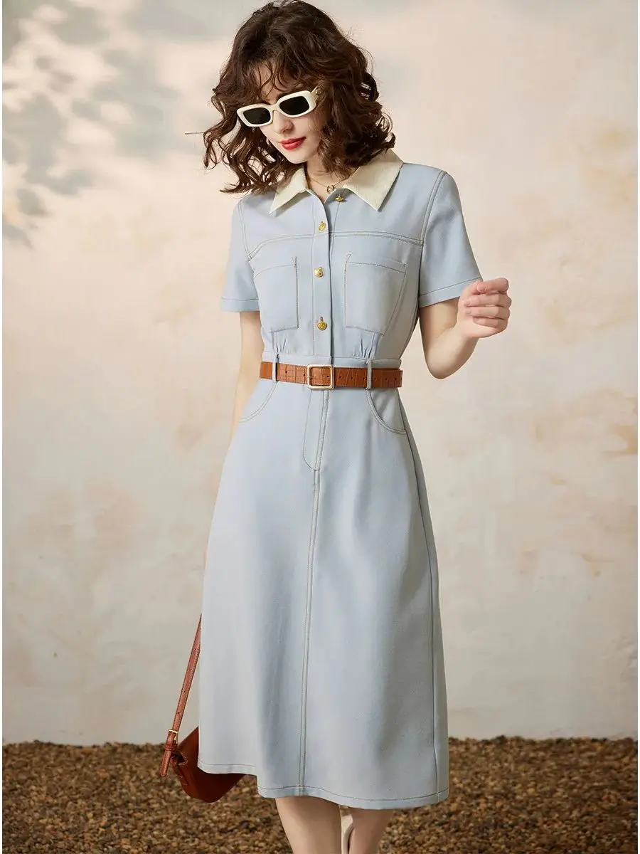 LOUIS YAO Women Dress Elegant Turn Down Collar Short Sleeve Office Lady A-LINE French Style Casual Long Dress