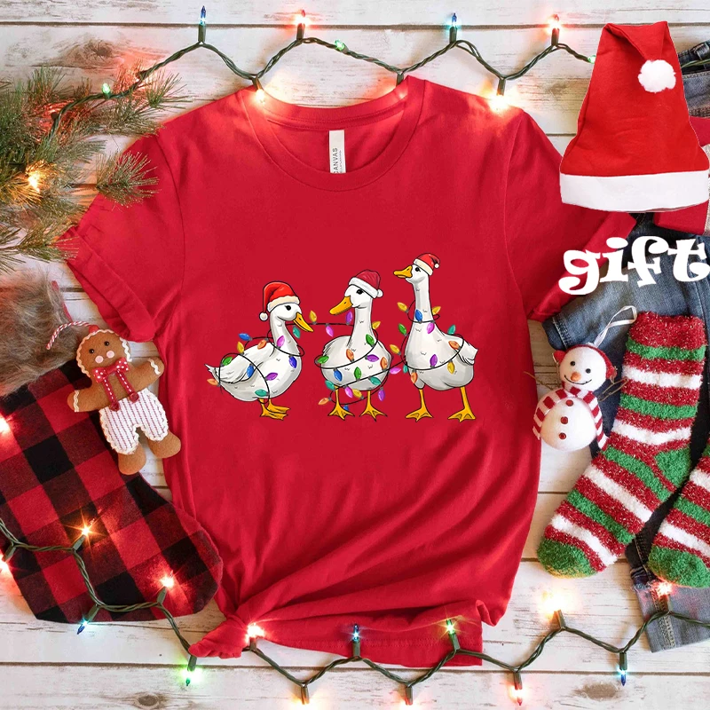 Funny Duck Christmas Print Tops Fashion Women Firends Xmas Party Tees Graphic Tops with Christmas Hats Female Clothing T-shirt