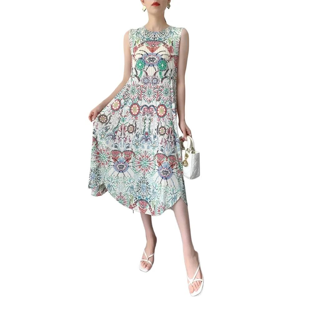 Miyake Pleated Dress Set 2025 Summer New Pleats Print Bustier Dress  Plus Size Women's Loose Fold Party Dresses Original Design