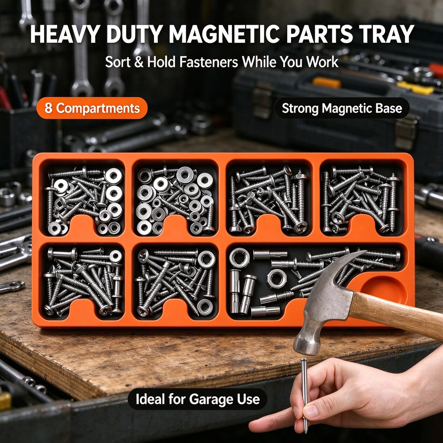 Magnetic Parts Tray with Compartments Portable Space-Saving Heavy Duty Screw Holder Magnet Organizer for Home Garage Workshop