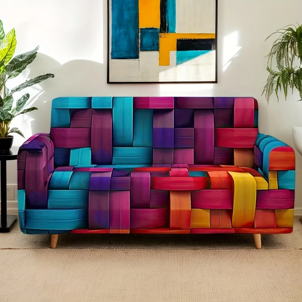 1pc Colorful Geometric Woven Texture Print Stretch Sofa Cover, Removable Washable Furniture Protector for Living Room