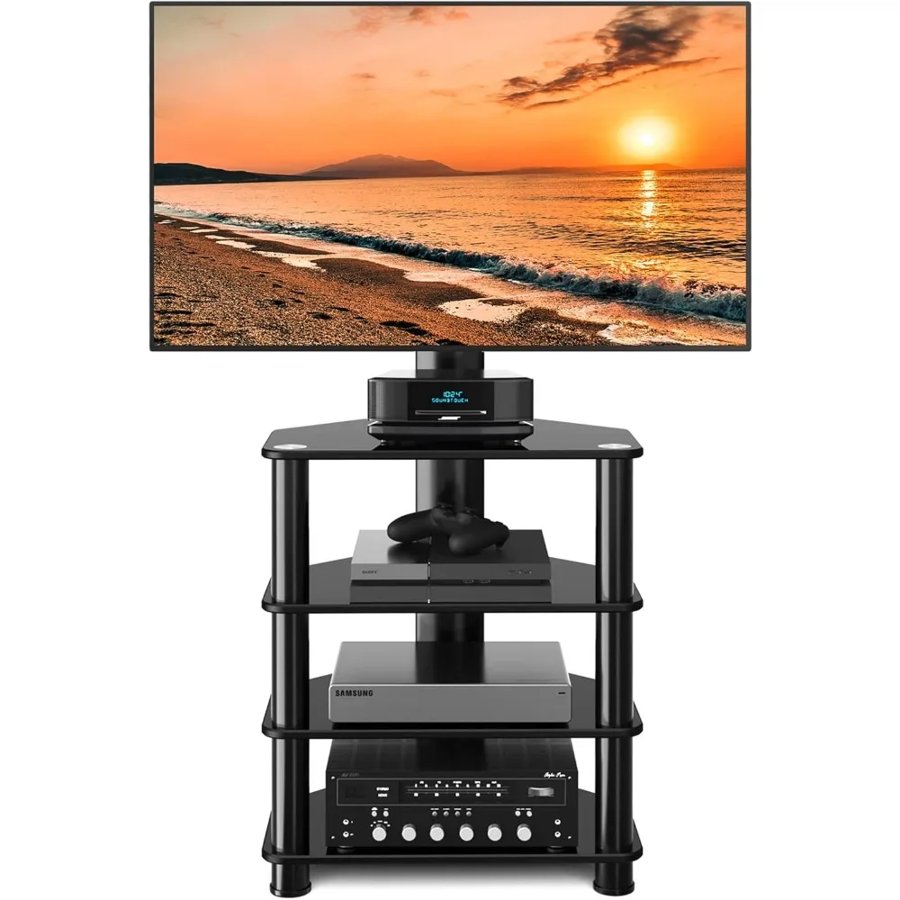 

4-Tiers Media Component TV Stand with Swivel Mount Audio Shelf and Height Adjustable Bracket, Black Floor TV Stand for 32-70 In