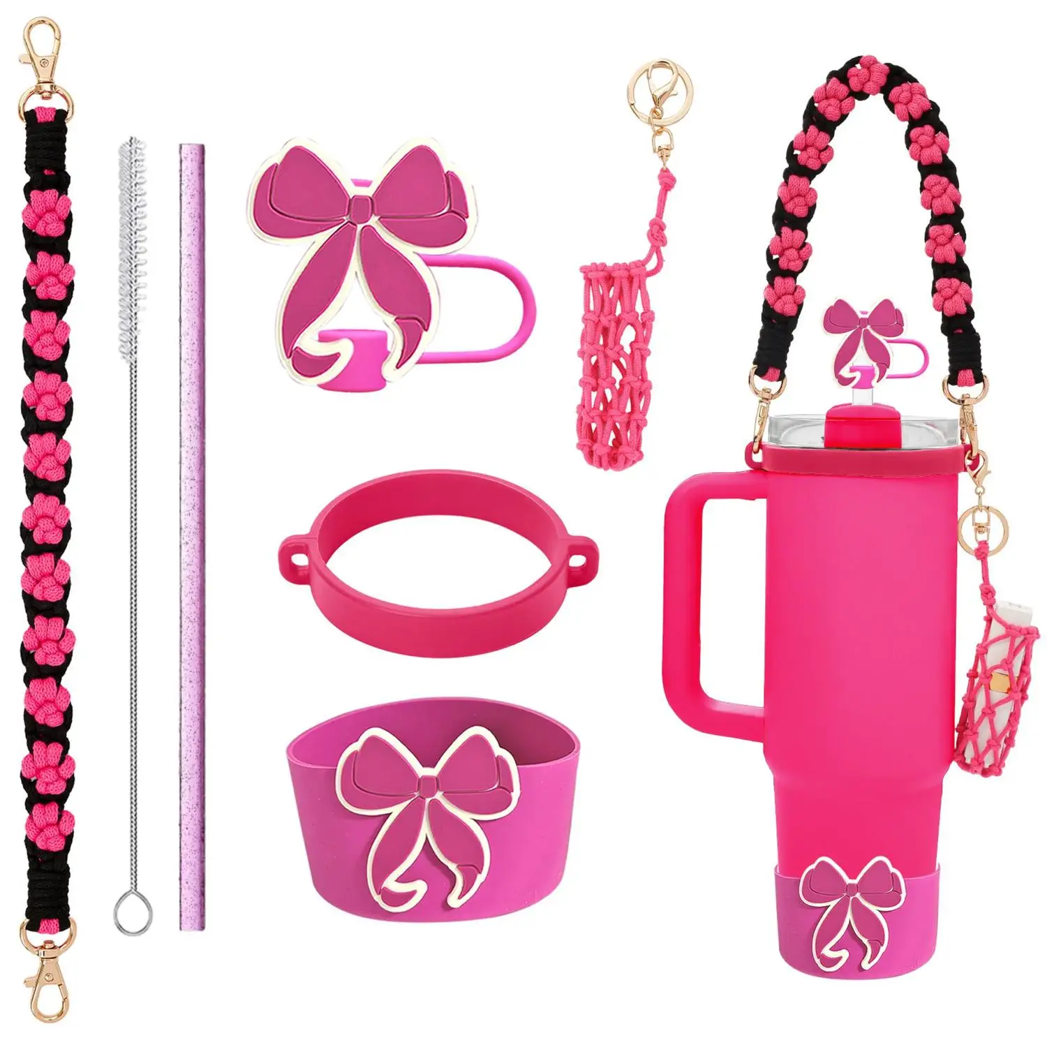 Floral Silicone Cup Sleeve with Hand Strap Charms And Bow Straw Topper - Set of 4 Reusable Straws Included
