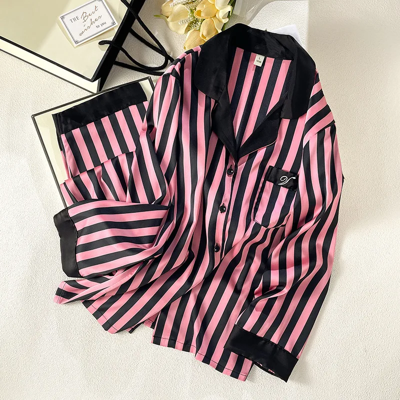 2025 Spring Autumn Fashion Black Pink Women Pajamas Ice Silk Two Piece Set Striped Long Sleeve Pant Nightwear Sleepwear Homewear