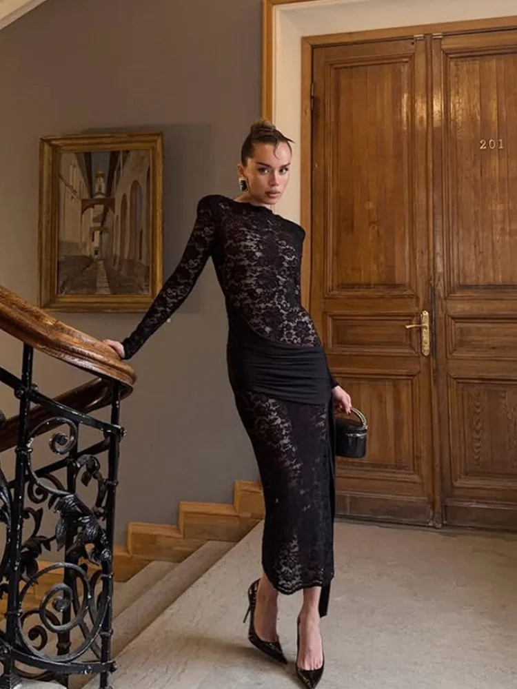 CNYISHE Lace Sheer O Neck Long Sleeve Sexy Club Women Dresses Hip Wrap Sheath Chic Trendy Party Outfits Female Streetwear Robes