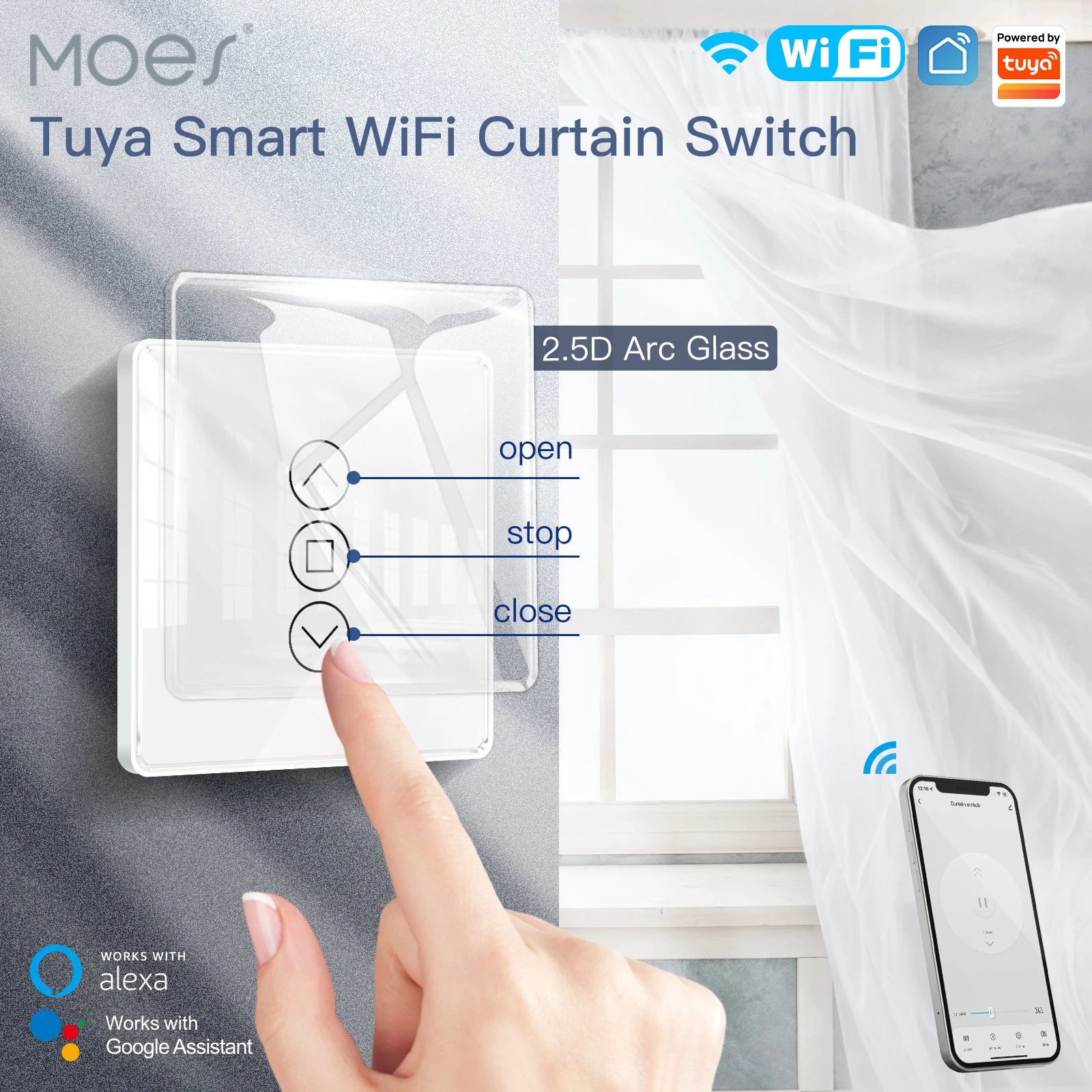 Moes-Tuya Interruptor De Cortina De Arco, Painel De Toque De Vidro Para Persianas, WiFi, RF433, 2.5D, Smart App, controle remoto sem fio, Alexa