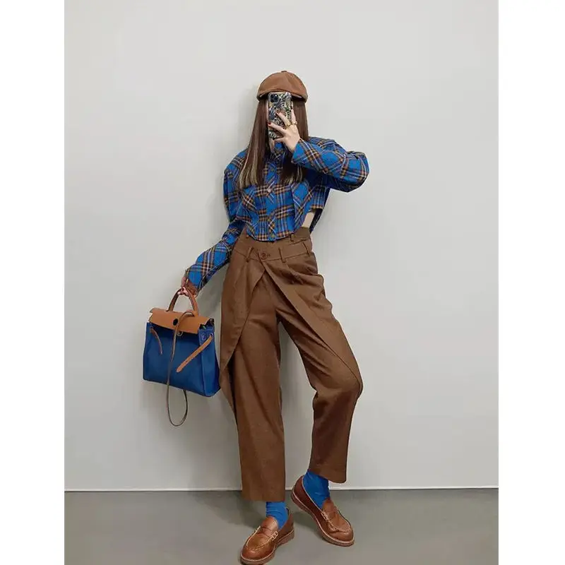 SALIENCY ربيع الخريف خمر منقوشة قميص المرأة طويلة الأكمام بلوزة واحدة الصدر قميص غير رسمي #3