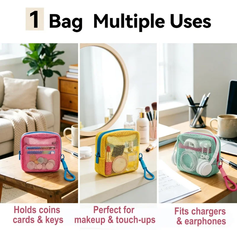 Small Mesh Beach Pouch Clear Cosmetic Bag with Detachable Wrist Strap Travel Organizer for Sunscreen Keys Cables image 6