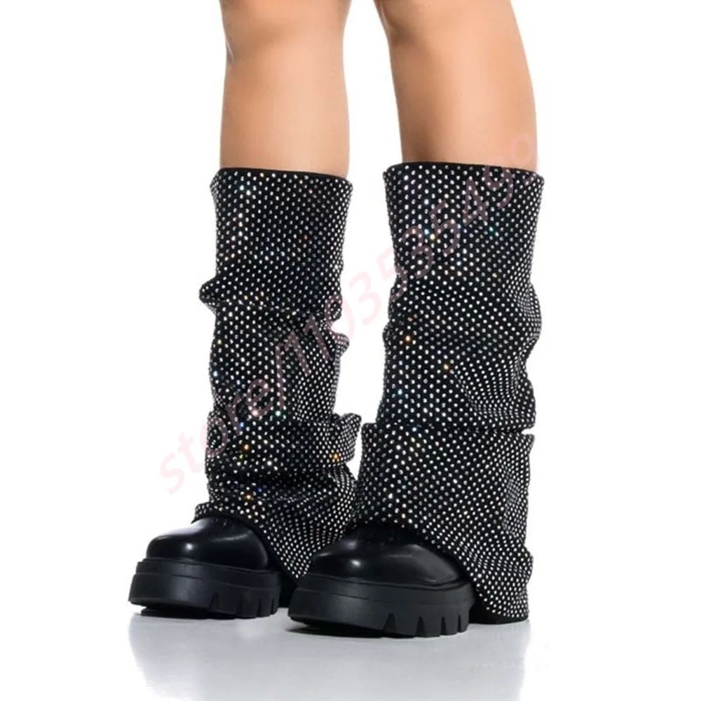 

Black Crystal Bling Bling Thick Sole Trouser Boots 2025 New Round Toe Pleated Sexy Ladies Catwalk Boots Fashion Party Stage Boot