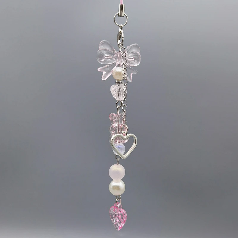 Phone Charm Pink Silve Bow Heart Star Keychain Pendant Key Chain Bag Phone Chain Cute Accessory For Girls Women Jewelry - náhled 2