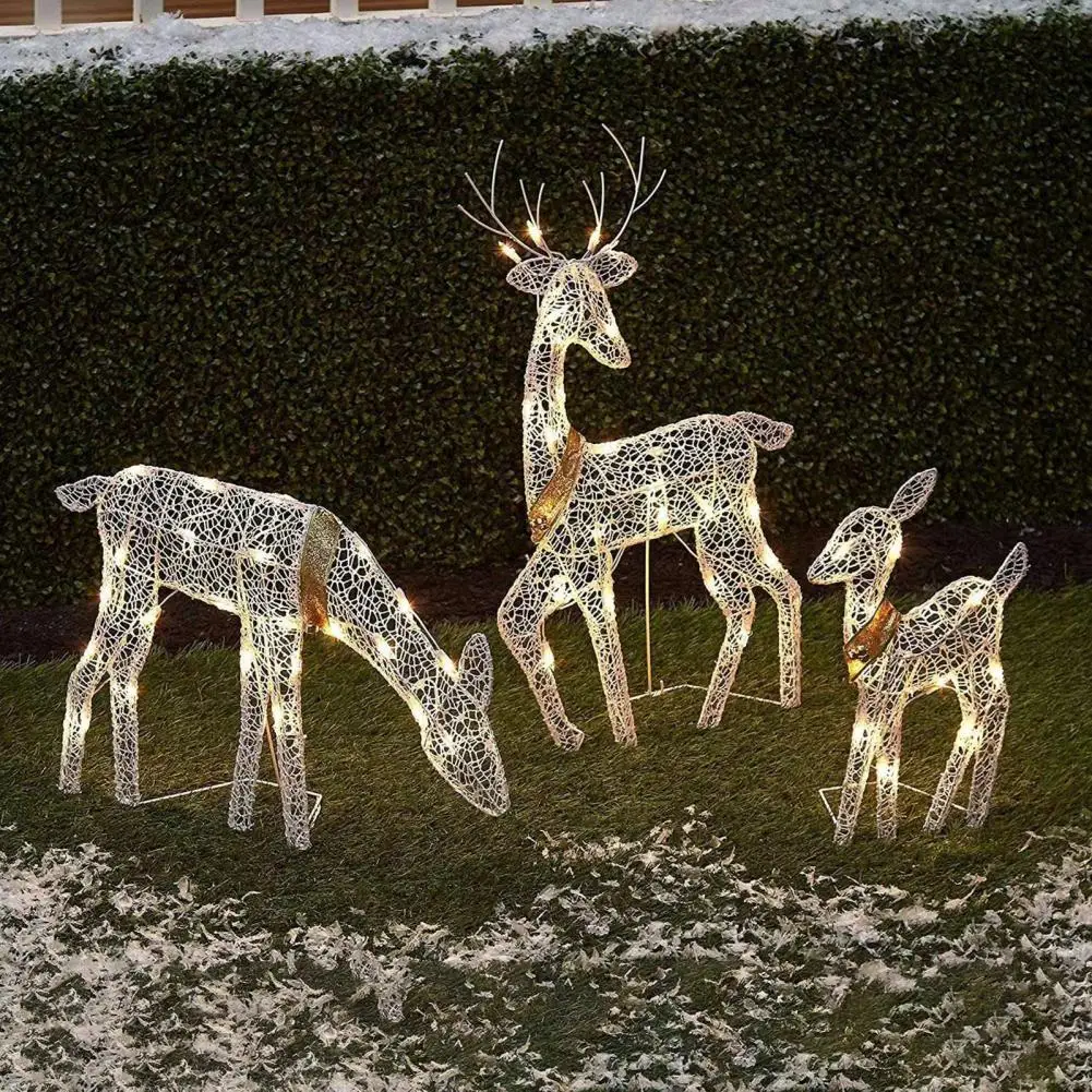 1 Pc/3 Pcs Glowing Christmas Deer Statues Metal Frame Reindeer Family Ornament Xmas Decorations with Built-in Lights Home Decor