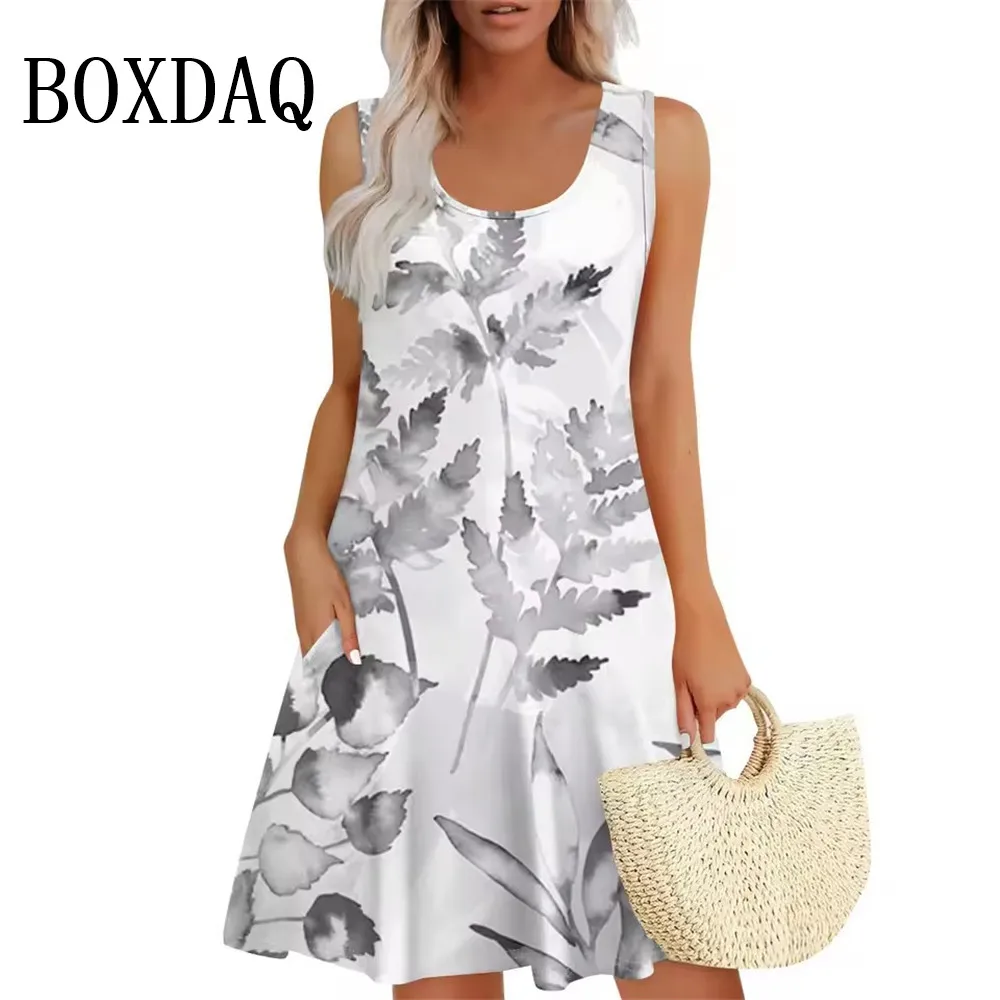 ชุดเดรสฤดูร้อนสําหรับผู้หญิง 2025 Casual หลวม Sundress กระเป๋าชายหาดชุดสั้นแขนกุด O-คอผู้หญิงชุดพิมพ์ลายดอกไม้