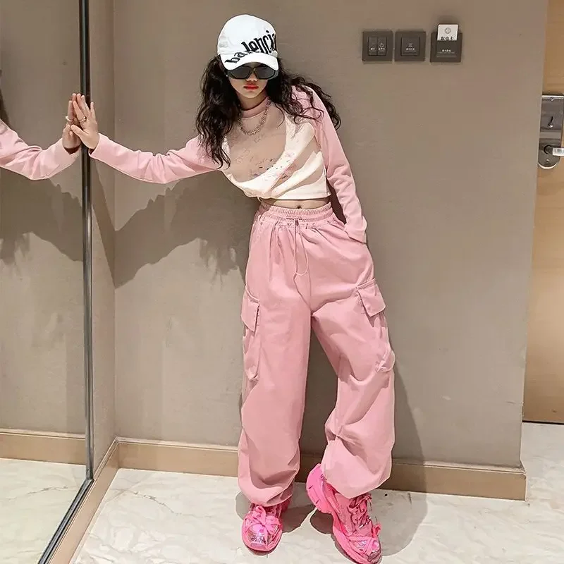بنطال رياضي هيب هوب للأطفال ، بنطلون كارجو للفتيات ، بنطلون مستقيم للمراهقات ، خصر مرتفع ، ملابس الشارع الكلاسيكية غير الرسمية ، بنطلون فضفاض ، 5-14 سنة