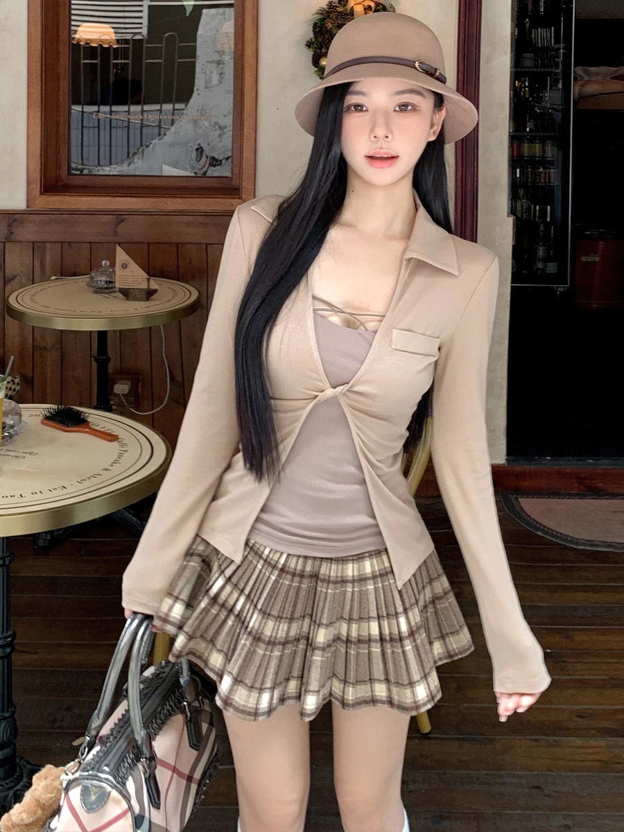 Autumn Winter Slimming Plaid Skirt Set High Waist Cardigan with Knot Long Sleeve Design College Style Fashion Women's Ensemble