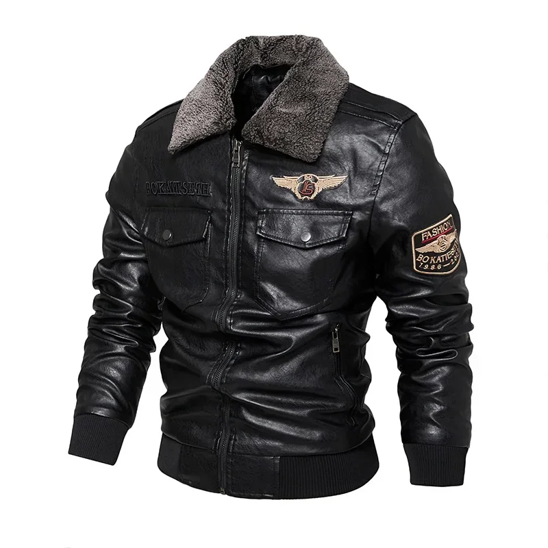 

Jacket Motorcycle Style Casual Warm Overcoat Men's Fur Collar Autumn And Winter Embroidery Original Leather Moto & Biker Coat