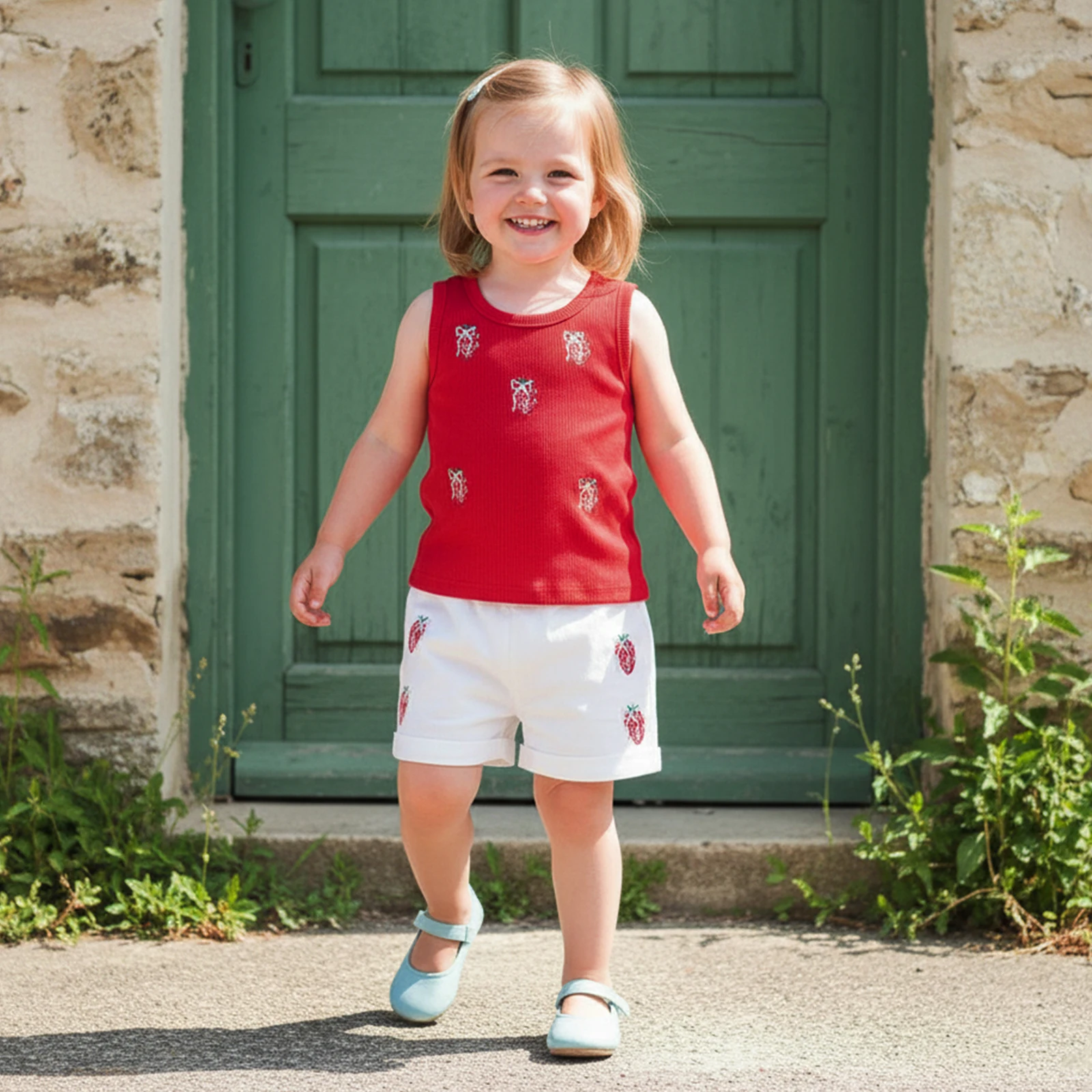 Toddler Baby Girls Summer 2Pcs Outfits Sleeveless Crew Neck Strawberry Bow Embroidery Vest Tops and Elastic Waist Shorts Set