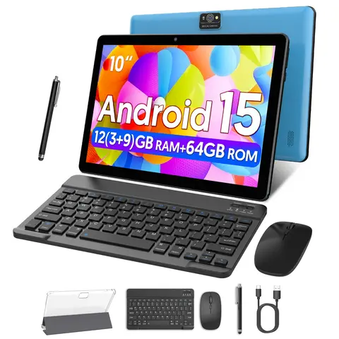 Android 15 Tablet, 10.0-inch screen, quad-core processor, 12GB RAM (3GB+9GB), 64GB storage, 2MP+8MP dual cameras，6000mAh