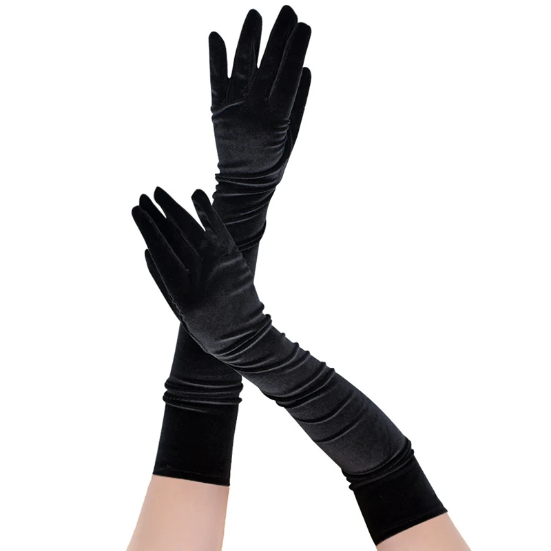 1 par de moda negro clásico adulto terciopelo ópera/codo estiramiento dedo guantes largos brazo cálido mujer vestido de noche etiqueta guantes