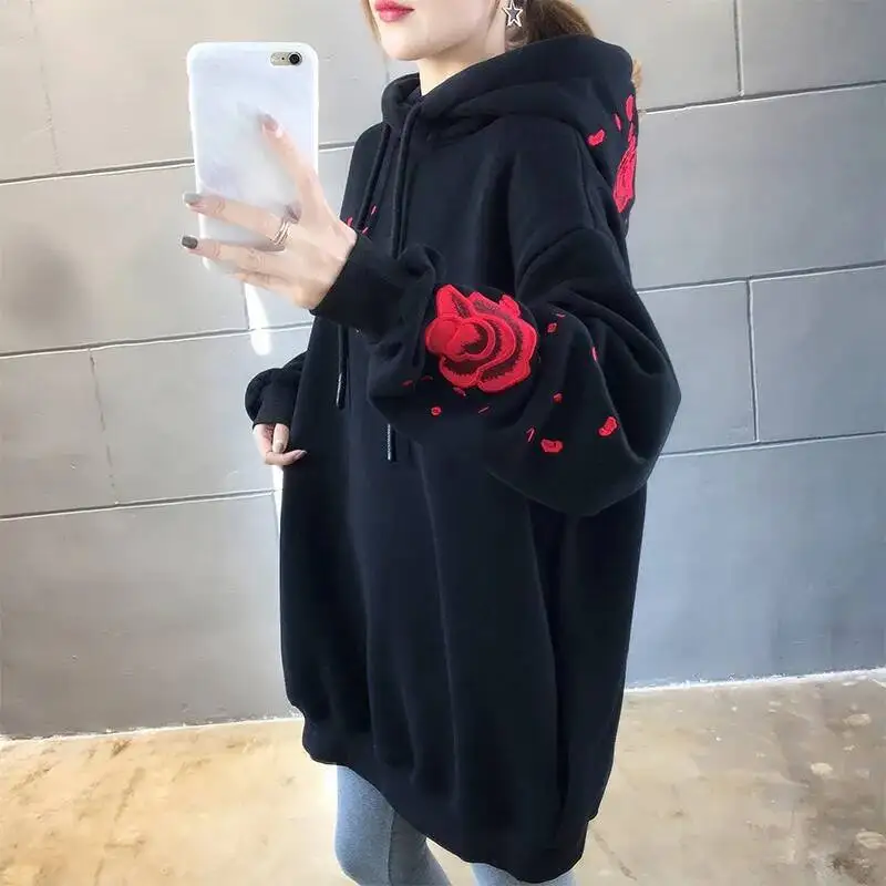 High Quality Autumn Winter Thicken Hoodie Chinese Style Crane Rose Embroidered Sweatshirt Oversized Warm Long Pullover Outwear