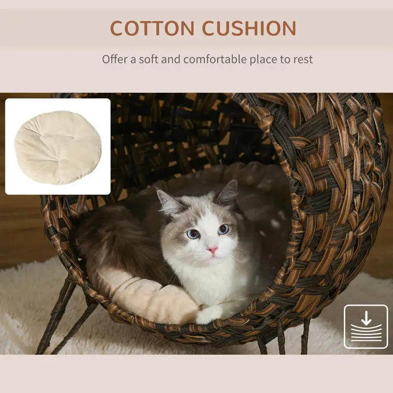 PawHut 20.5" Weaved Cat Bed, Elevated Hand-woven Braided Banana Leaf Kitten House Condo with Cushion, Brown view 5