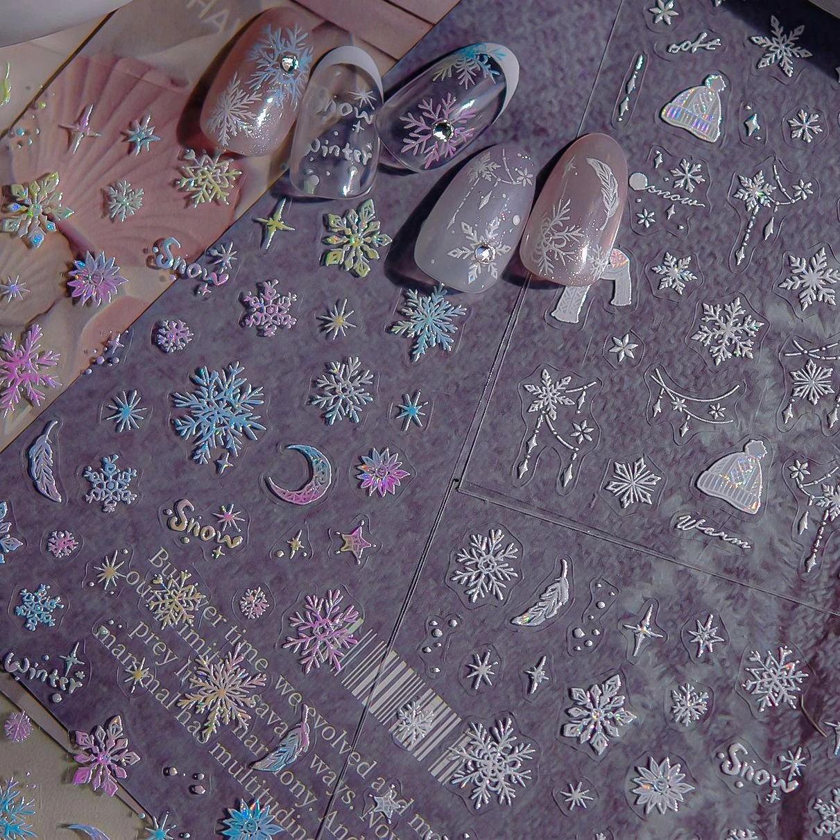 Rosa azul gradiente copo de nieve pluma romántico invierno Chic blanco nieve suéter gorra estrellas Luna uñas arte pegatinas calcomanías de manicura