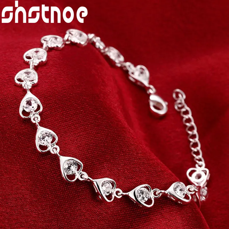 

925 Sterling Silver AAA Zircon Heart Chain Bracelet For Women Party Engagement Wedding Valentines Gift Fashion Charm Jewelry